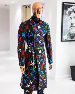 A Charcoal Black “Bikers” leather Jacket with X multicolor painting, double breasted layered trench