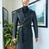 A Charcoal Black “Bikers” leather double breasted layered trench Jacket, belt and leather trousers.
