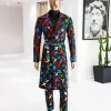 A Charcoal Black “Bikers” leather Jacket with X multicolor painting, double breasted layered trench