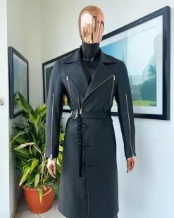 A Charcoal Black “Bikers” leather double breasted layered trench Jacket, belt and leather trousers.