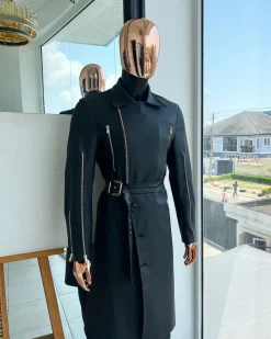 A Charcoal Black “Bikers” leather double breasted layered trench Jacket, belt & leather trousers.