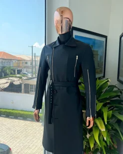 A Charcoal Black “Bikers” leather double breasted layered trench Jacket, belt & leather trousers.