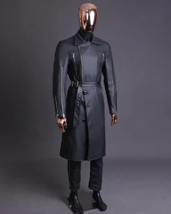 A Charcoal Black “Bikers” leather double breasted layered trench Jacket, belt & leather trousers.