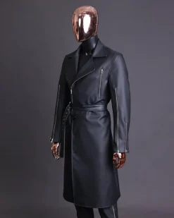 A Charcoal Black “Bikers” leather double breasted layered trench Jacket, belt and leather trousers.
