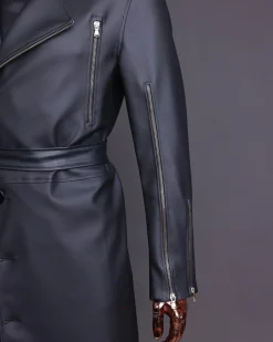 A Charcoal Black “Bikers” leather double breasted layered trench Jacket, belt and leather trousers.