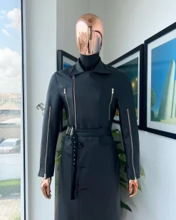 A Charcoal Black “Bikers” leather double breasted layered trench Jacket, belt & leather trousers.
