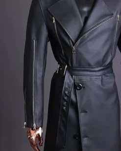 A Charcoal Black “Bikers” leather double breasted layered trench Jacket, belt and leather trousers.