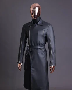 A Charcoal Black “Bikers” leather double breasted layered trench Jacket, belt & leather trousers.