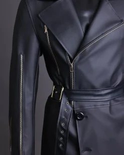A Charcoal Black “Bikers” leather double breasted layered trench Jacket, belt and leather trousers.