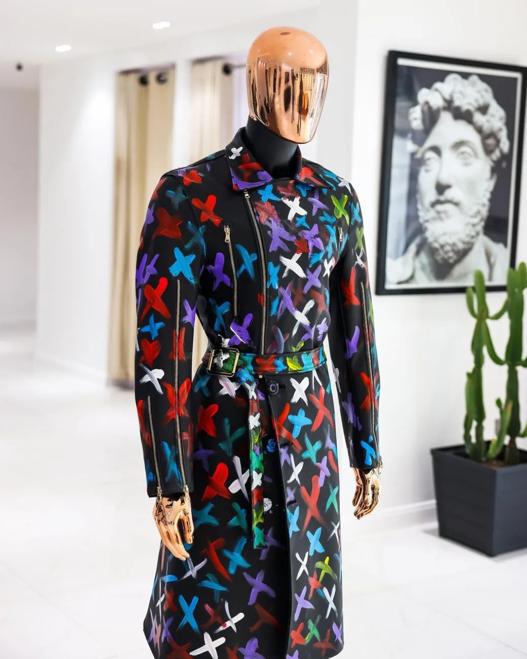 A Charcoal Black “Bikers” leather Jacket with X multicolor painting, double breasted layered trench