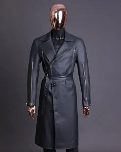 A Charcoal Black “Bikers” leather double breasted layered trench Jacket, belt and leather trousers.