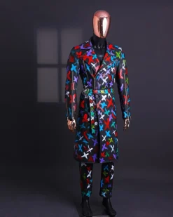 A Charcoal Black “Bikers” leather Jacket with X multicolor painting, double breasted layered trench