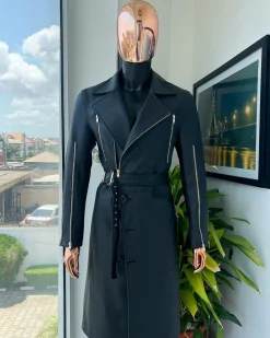 A Charcoal Black “Bikers” leather double breasted layered trench Jacket, belt and leather trousers.