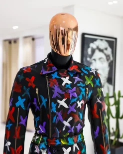 A Charcoal Black “Bikers” leather Jacket with X multicolor painting, double breasted layered trench