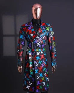A Charcoal Black “Bikers” leather Jacket with X multicolor painting, double breasted layered trench