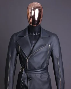 A Charcoal Black “Bikers” leather double breasted layered trench Jacket, belt and leather trousers.