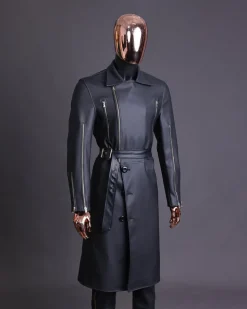 A Charcoal Black “Bikers” leather double breasted layered trench Jacket, belt & leather trousers.