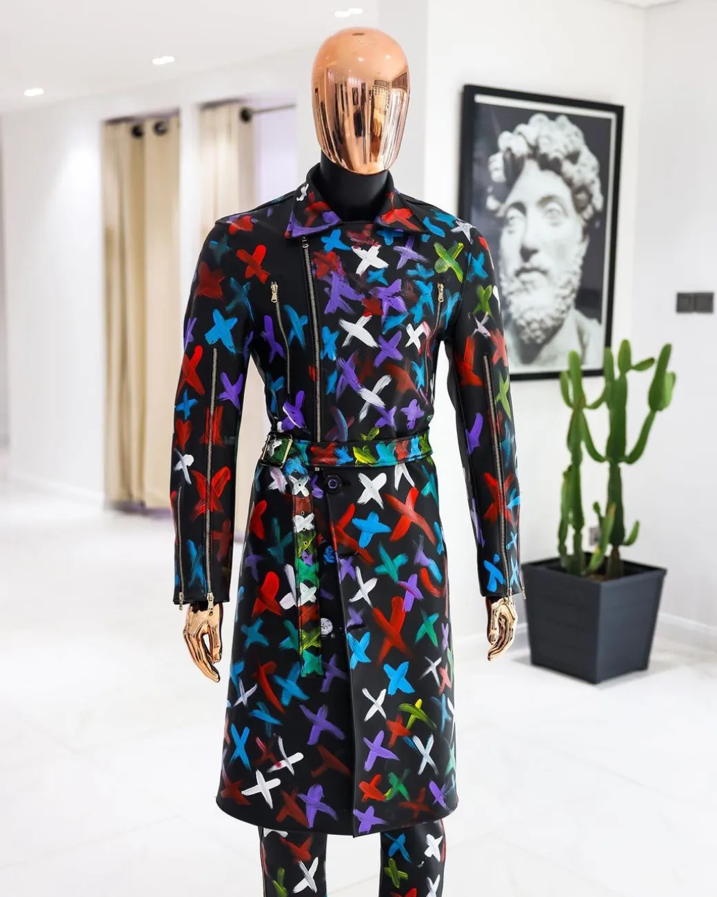 A Charcoal Black “Bikers” leather Jacket with X multicolor painting, double breasted layered trench