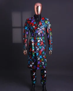A Charcoal Black “Bikers” leather Jacket with X multicolor painting, double breasted layered trench