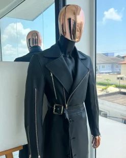 A Charcoal Black “Bikers” leather double breasted layered trench Jacket, belt and leather trousers.