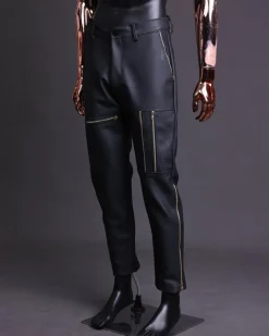 A Charcoal Black “Bikers” leather double breasted layered trench Jacket, belt & leather trousers.