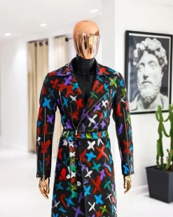 A Charcoal Black “Bikers” leather Jacket with X multicolor painting, double breasted layered trench