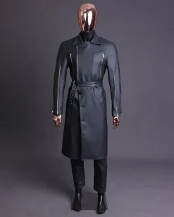 A Charcoal Black “Bikers” leather double breasted layered trench Jacket, belt & leather trousers.