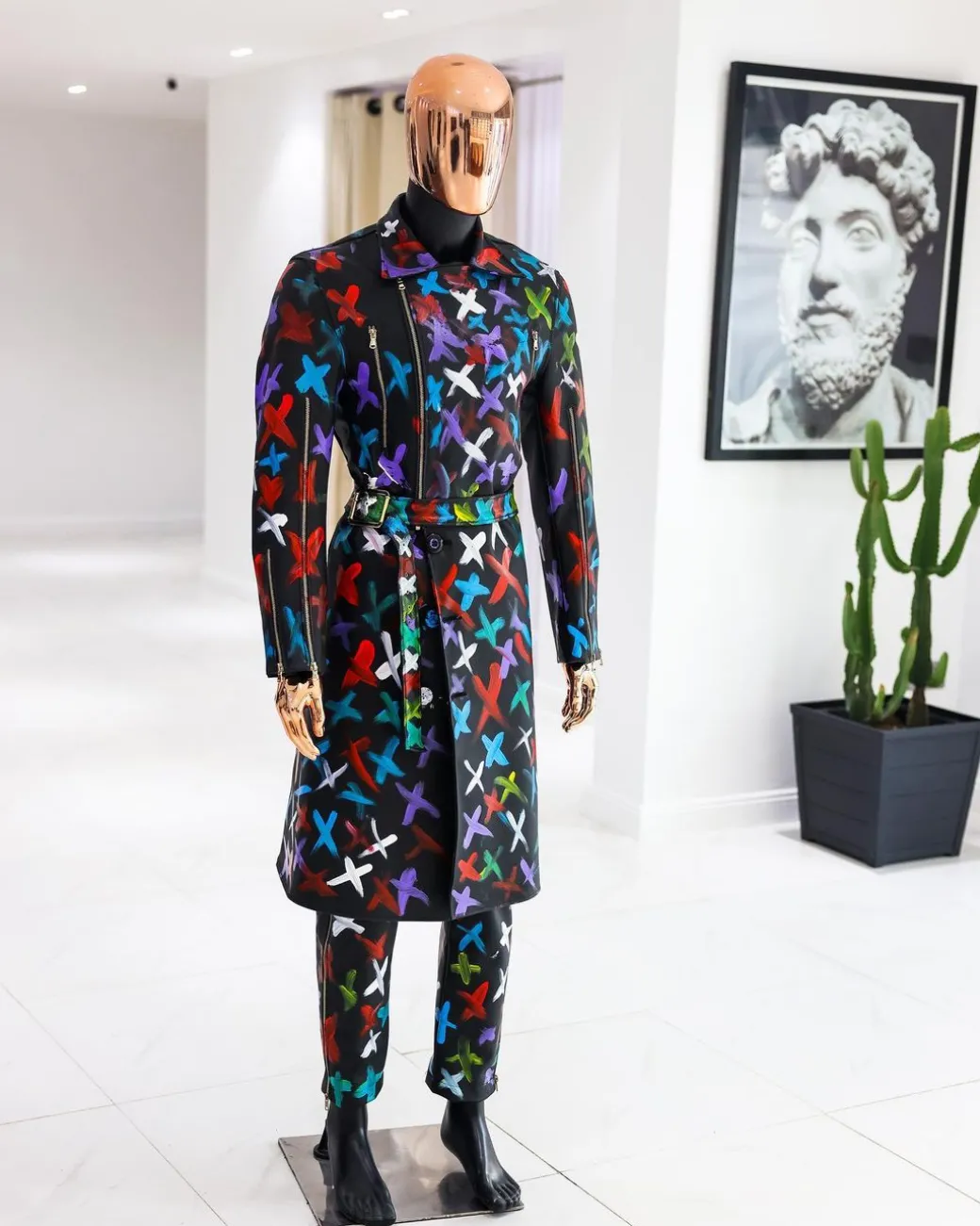 A Charcoal Black “Bikers” leather Jacket with X multicolor painting, double breasted layered trench