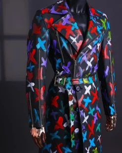 A Charcoal Black “Bikers” leather Jacket with X multicolor painting, double breasted layered trench
