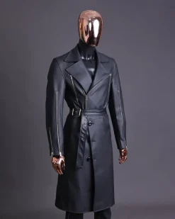 A Charcoal Black “Bikers” leather double breasted layered trench Jacket, belt and leather trousers.