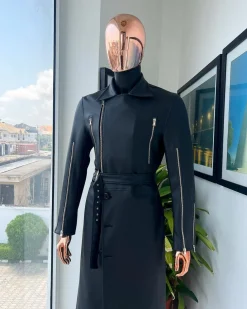 A Charcoal Black “Bikers” leather double breasted layered trench Jacket, belt & leather trousers.