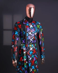 A Charcoal Black “Bikers” leather Jacket with X multicolor painting, double breasted layered trench