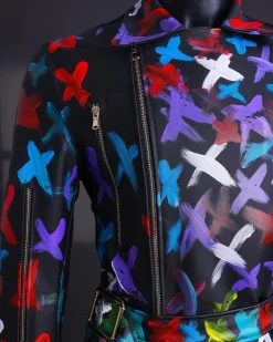 A Charcoal Black “Bikers” leather Jacket with X multicolor painting, double breasted layered trench