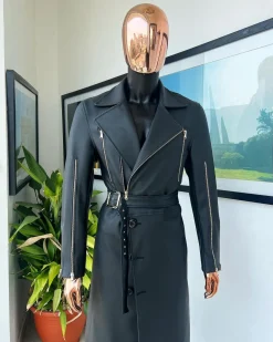 A Charcoal Black “Bikers” leather double breasted layered trench Jacket, belt and leather trousers.
