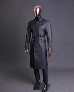 A Charcoal Black “Bikers” leather double breasted layered trench Jacket, belt & leather trousers.