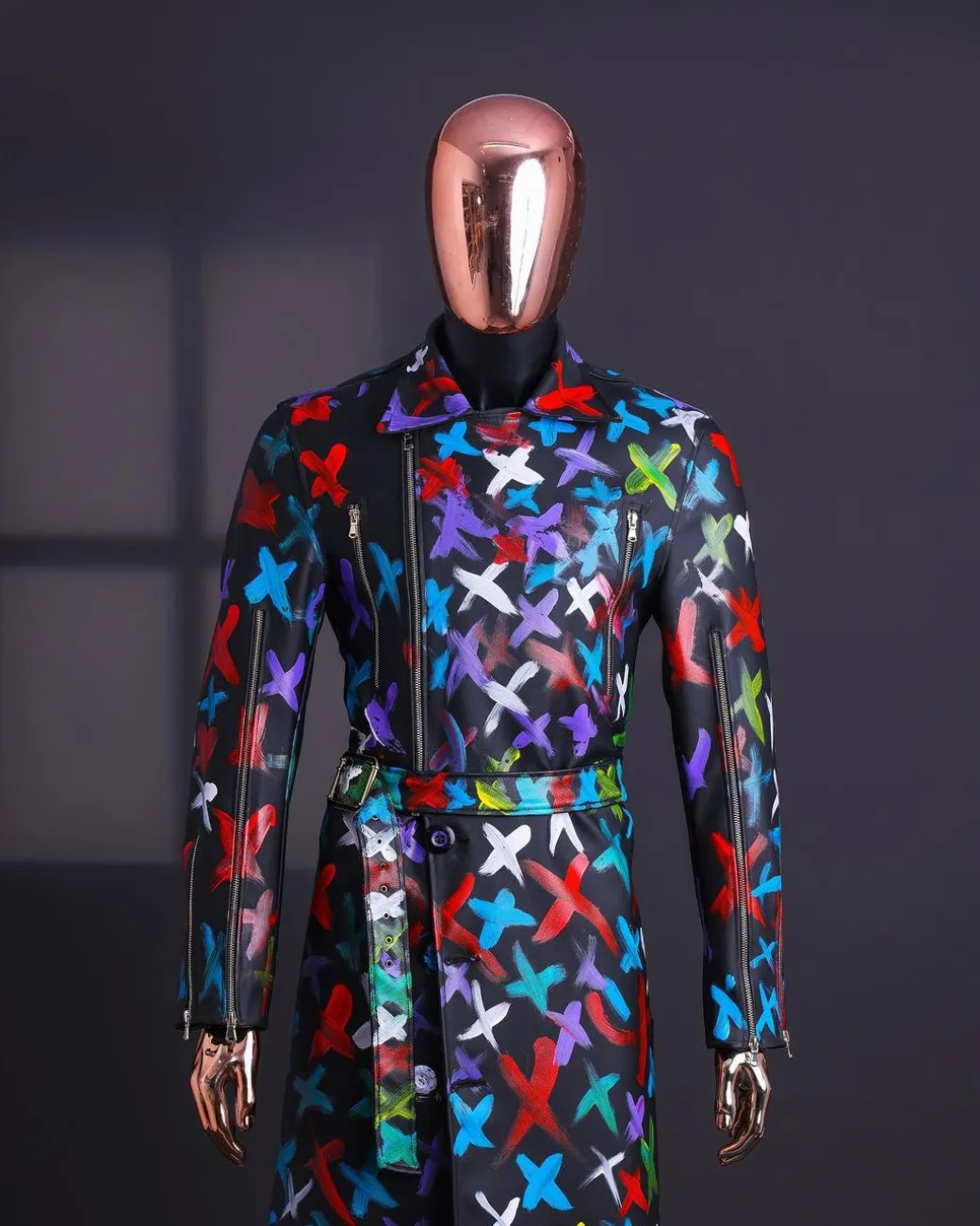 A Charcoal Black “Bikers” leather Jacket with X multicolor painting, double breasted layered trench