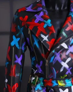 A Charcoal Black “Bikers” leather Jacket with X multicolor painting, double breasted layered trench