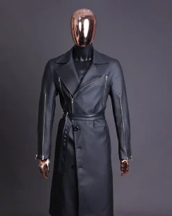 A Charcoal Black “Bikers” leather double breasted layered trench Jacket, belt and leather trousers.