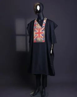 A Charcoal black, “British racing” embroidery details agbada, 3/4 sleeve kaftan & sokoto