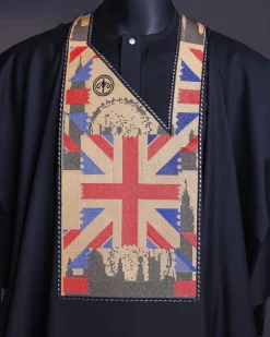 A Charcoal black, “British racing” embroidery details agbada, 3/4 sleeve kaftan & sokoto
