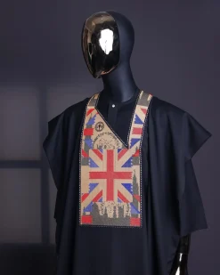 A Charcoal black, “British racing” embroidery details agbada, 3/4 sleeve kaftan & sokoto