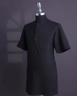 A Charcoal black, brown Aaron wool, front flap with black Swarovski button, shorts sleeve African senator kaftan native.