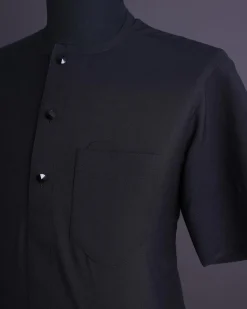A Charcoal black, brown Aaron wool, front flap with black Swarovski button, shorts sleeve African senator kaftan native.