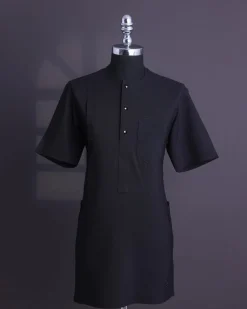 A Charcoal black, brown Aaron wool, front flap with black Swarovski button, shorts sleeve African senator kaftan native.
