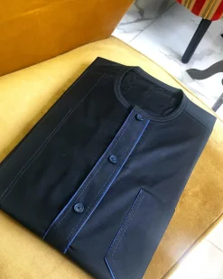 A Charcoal Black Button Flap Kaftan With Blue Paisley Detailing and Sokoto