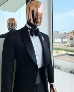 A Charcoal black “classic” shawl lapel floral pattern jacquard tuxedo suit