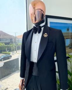 A Charcoal black “classic” shawl lapel floral pattern jacquard tuxedo suit