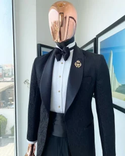 A Charcoal black “classic” shawl lapel floral pattern jacquard tuxedo suit