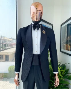 A Charcoal black “classic” shawl lapel floral pattern jacquard tuxedo suit