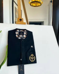 A charcoal black, clear view black Swarovski buttons, hand embroidery patch details, African traditional senator kaftan native